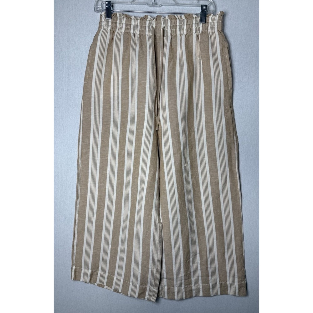 Madewell Smocked Huston Pull-On Crop‎ Striped Wide Linen Pants Size Medium